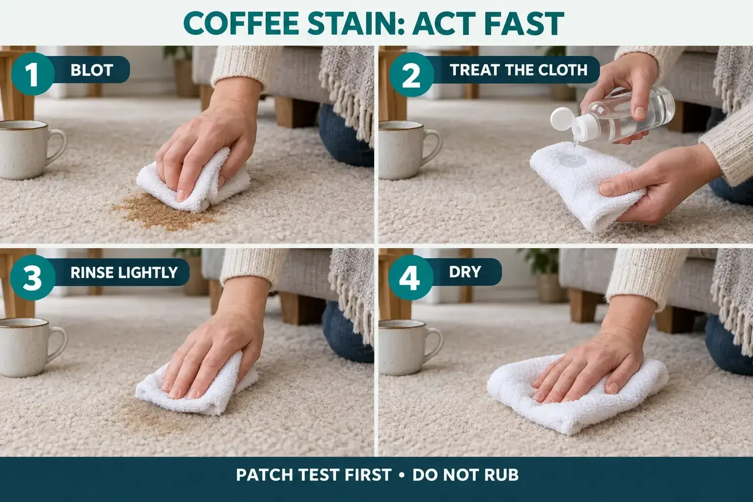 How to Remove a Coffee Stain from Carpet Safely Four-step guide to blot, treat, rinse and dry a coffee stain on carpet