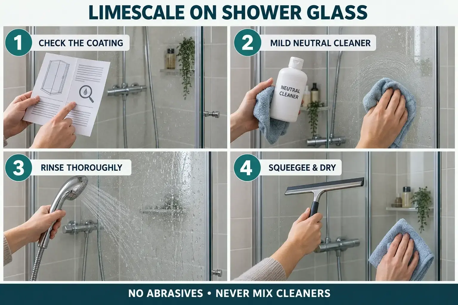 How to Remove Limescale from Shower Glass Safely Four-step guide to check, clean, rinse and dry limescale on shower glass