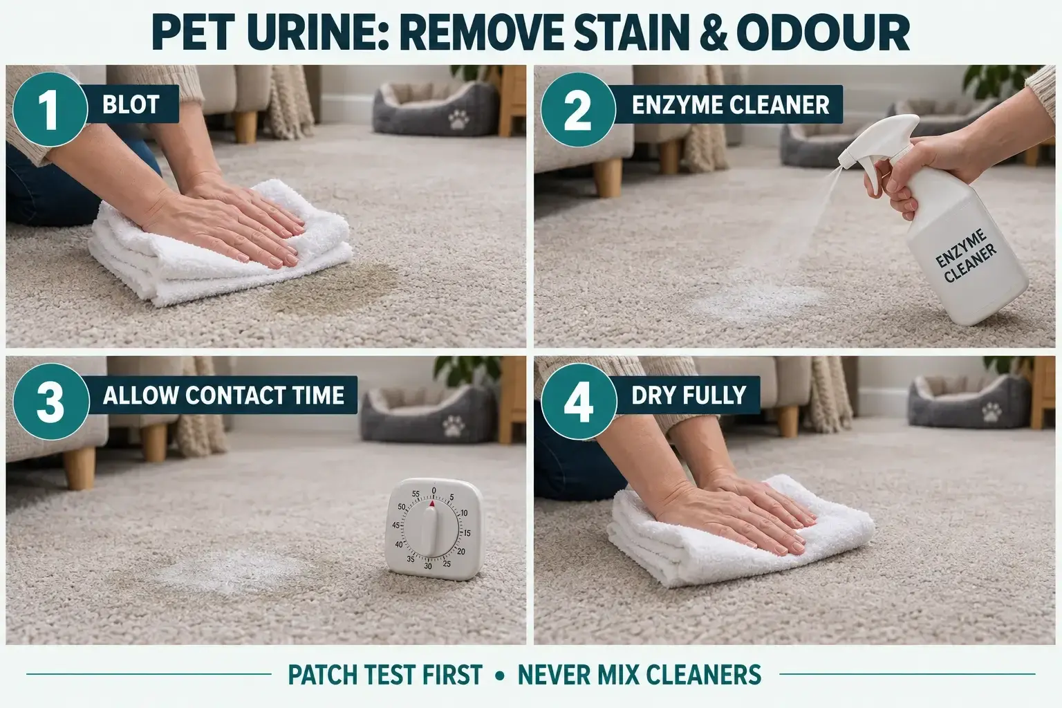Four-step guide to blot and treat pet urine on carpet with enzyme cleaner